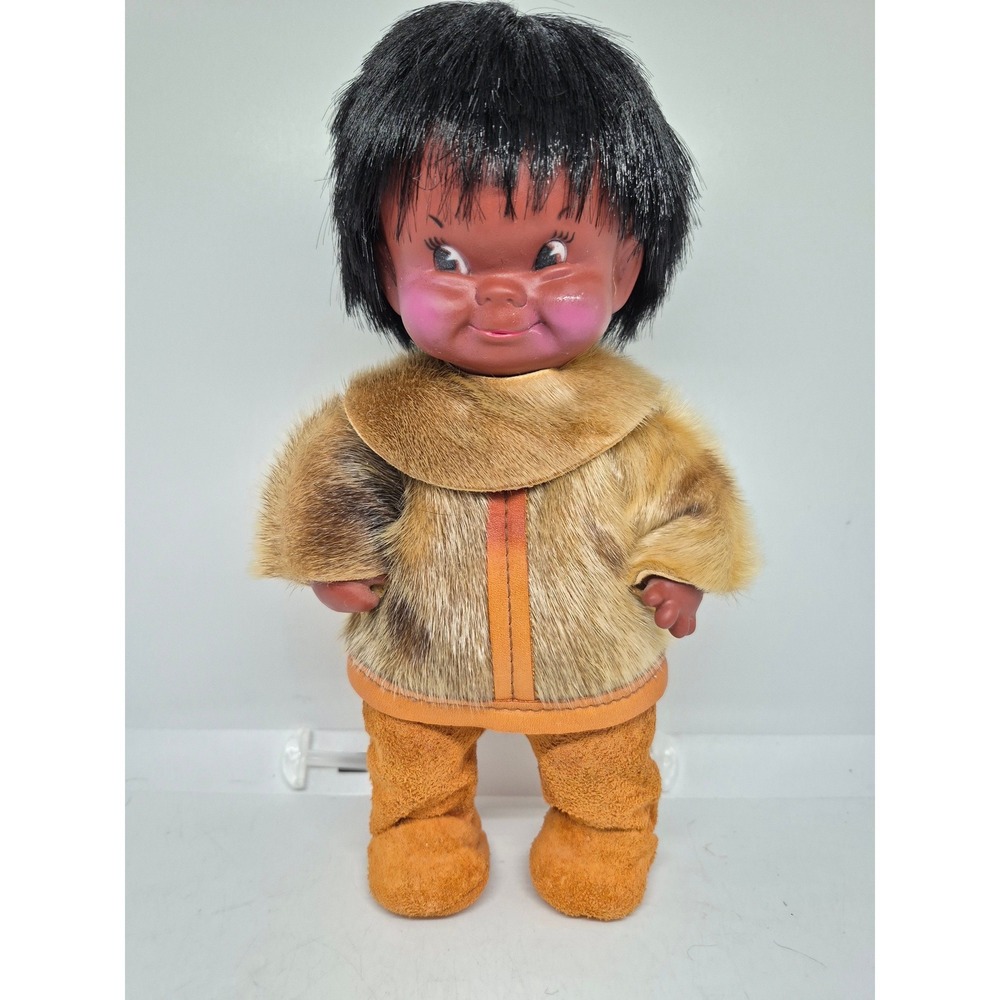 Vintage Inuit Eskimo Doll Brown Faux Fur Parka Vinyl Face Cultural Souvenir Toy